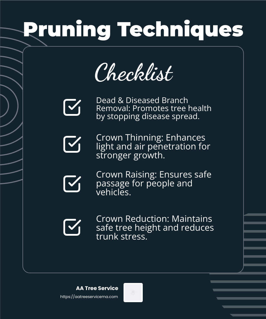 Tree Pruning Techniques - tree service newton ma infographic checklist-dark-blue