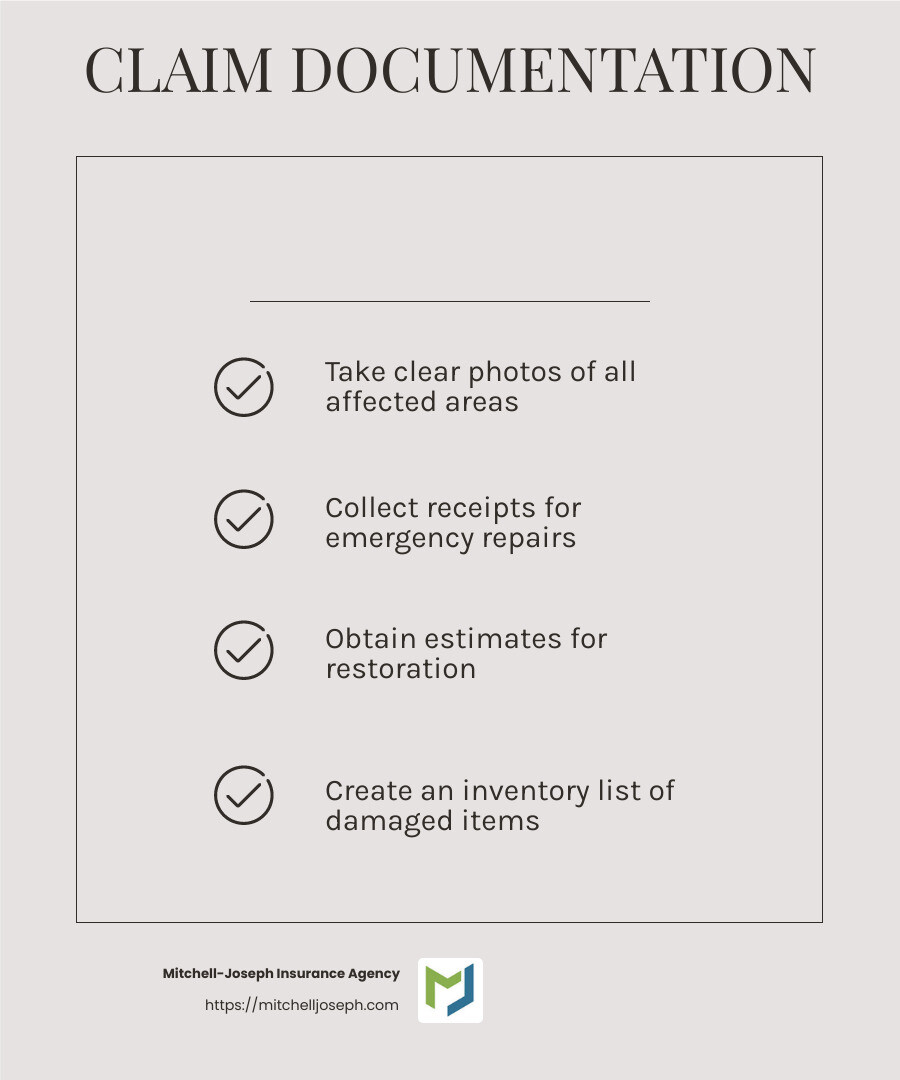 Photos and documentation are crucial for a successful insurance claim. - does homeowners insurance cover water damage from sewer backup infographic checklist-light-beige