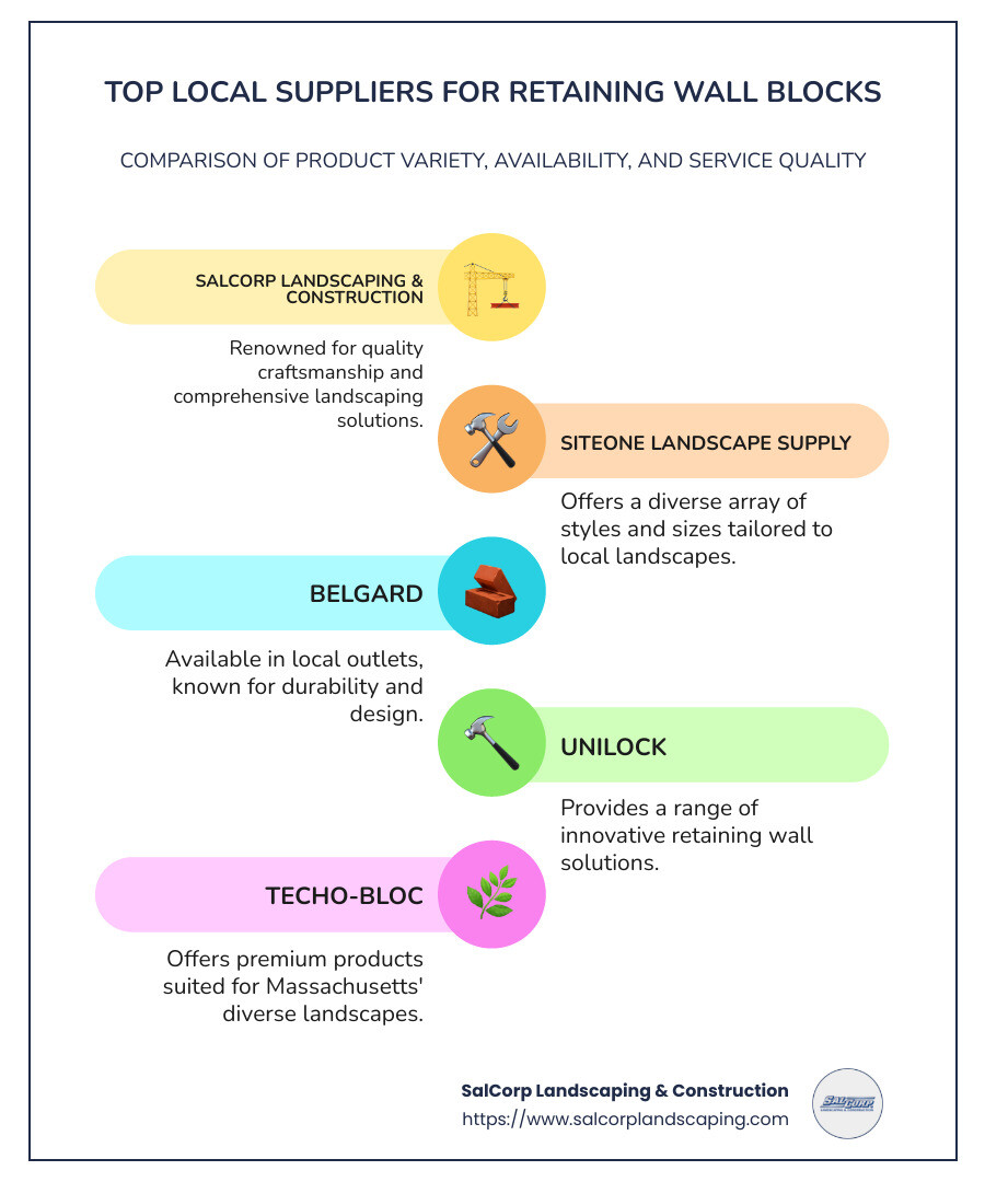 Comparative overview of local retaining wall block suppliers in Massachusetts, detailing product variety, availability, and service quality - retaining wall block near me infographic infographic-line-5-steps-colors