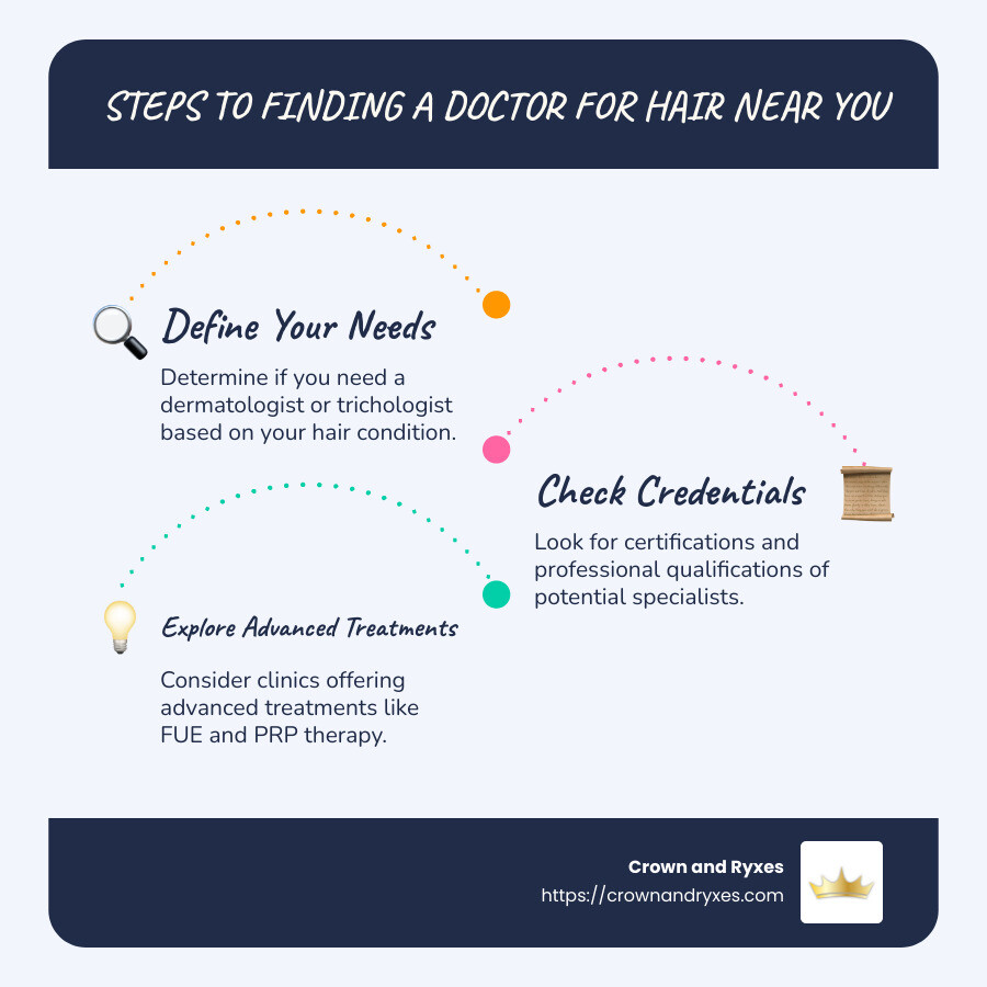 Detailed infographic showing steps to find a doctor for hair near me, including keywords to search, credentials to check, and treatments offered - doctor for hair near me infographic infographic-line-3-steps-blues-accent_colors