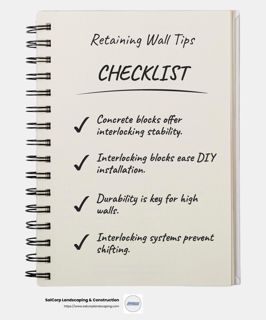 Interlocking blocks provide stability and are easy to install. - retaining wall block near me infographic checklist-notebook