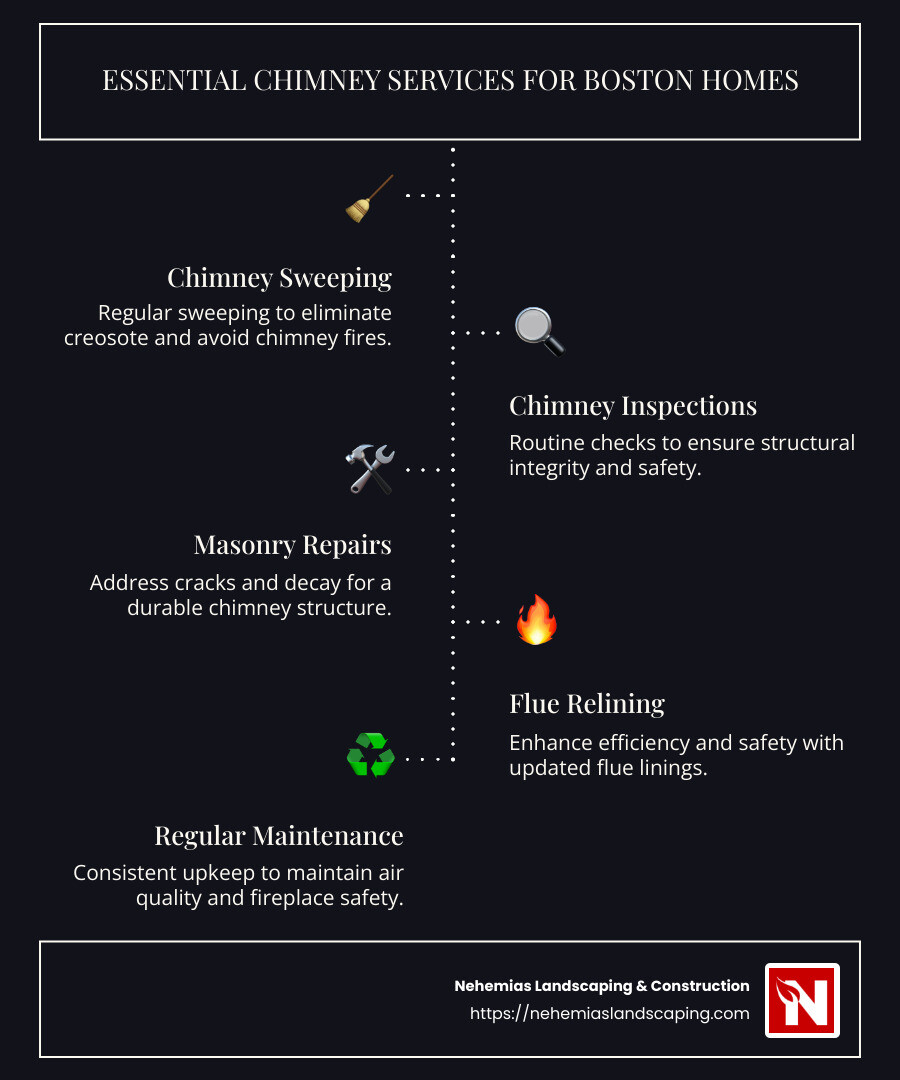 Checklist of Boston chimney services including cleaning, inspection, and masonry repair, with benefits and local statistics - chimney services boston ma infographic infographic-line-5-steps-dark