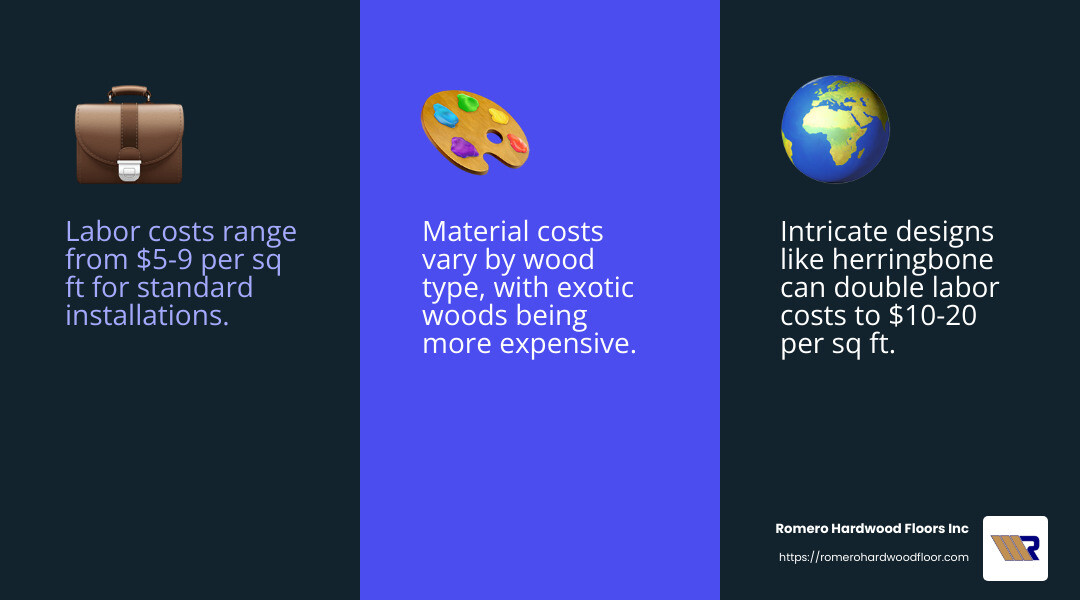 Labor costs can significantly affect overall expenses depending on project complexity. - Hardwood Floor Cost infographic 3_facts_emoji_blue
