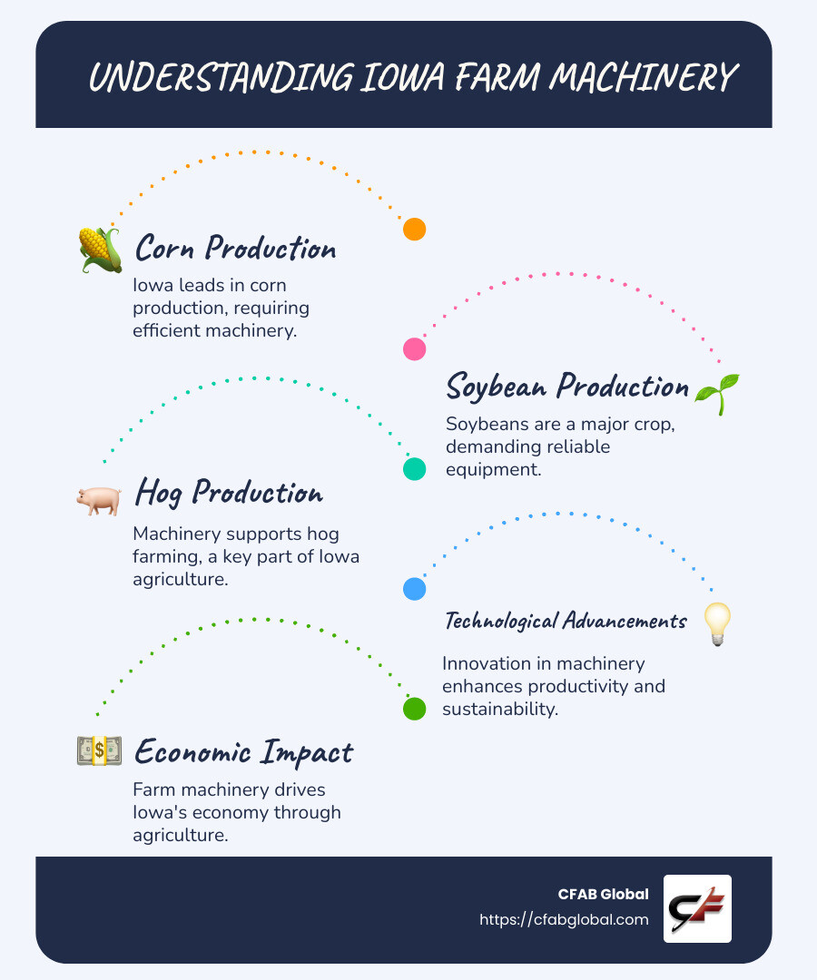 Infographic detailing types of Iowa farm machinery including tractors, combines, and plows. Key brands such as Kubota and New Holland. Highlights the role of machinery in corn and soybean production in Iowa, showing a map of Iowa's agricultural regions. - iowa farm machinery infographic infographic-line-5-steps-blues-accent_colors