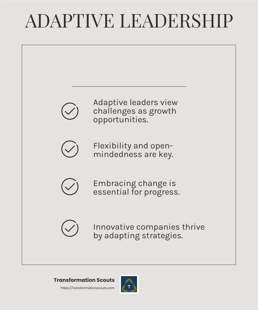 Adaptive leaders accept change as an opportunity for growth. - adaptive leadership strategies infographic checklist-light-beige