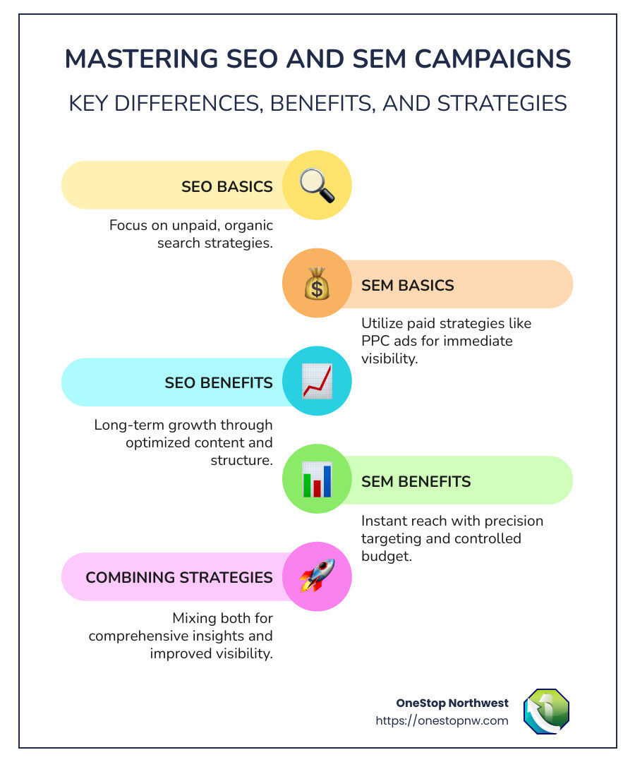 Infographic showing 'Mastering SEO SEM Campaigns: Key Differences, Benefits, and Strategies' - seo sem campaigns infographic infographic-line-5-steps-colors