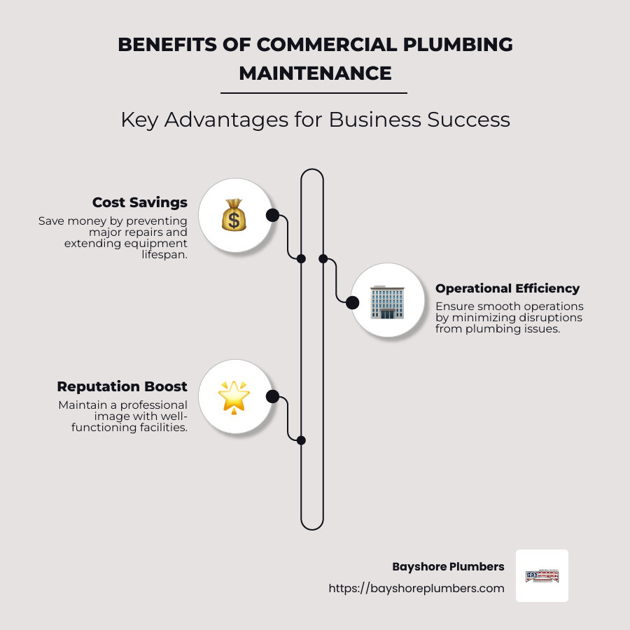 infographic showing commercial plumbing maintenance benefits: cost savings, efficiency, reputation boost - commercial plumbing maintenance infographic infographic-line-3-steps-neat_beige