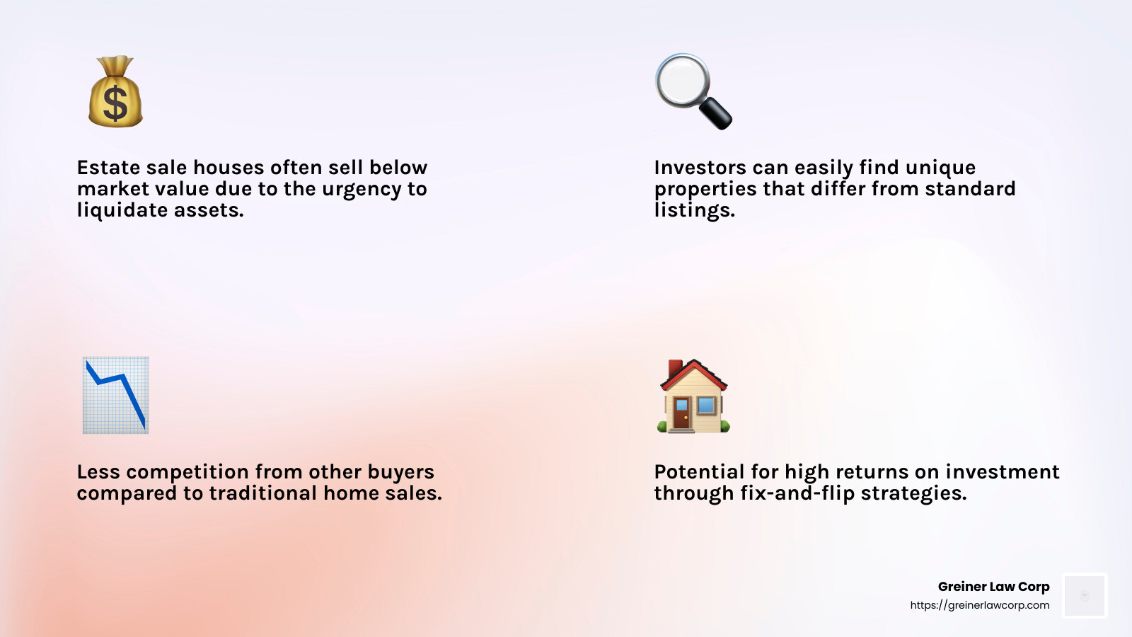 Estate sale houses often sell below market value due to the urgency to liquidate assets. - what is an estate sale house infographic 4_facts_emoji_light-gradient