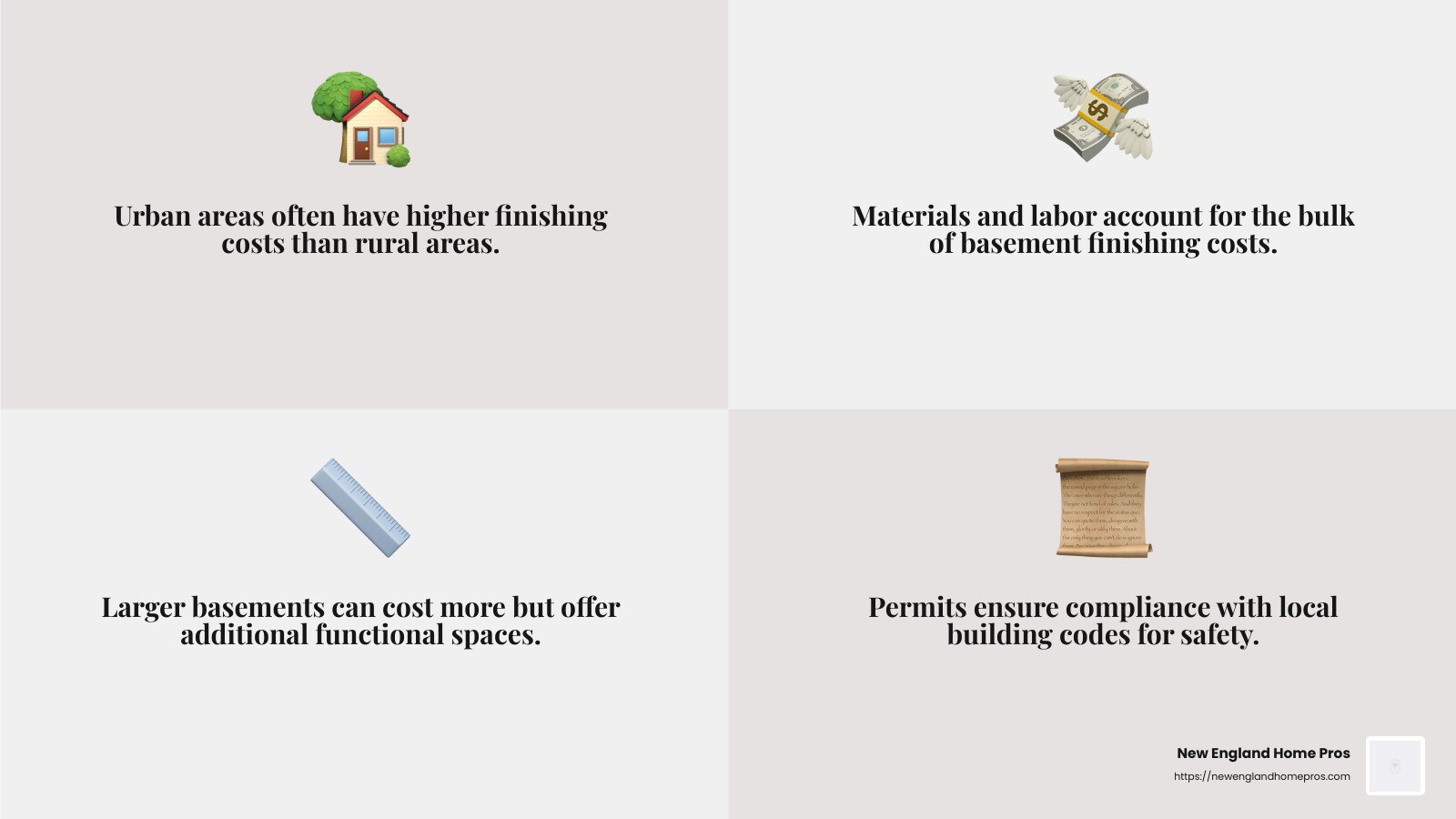 Regional cost differences can impact the overall price of basement finishing. - average cost to finish a basement 2024 infographic 4_facts_emoji_grey