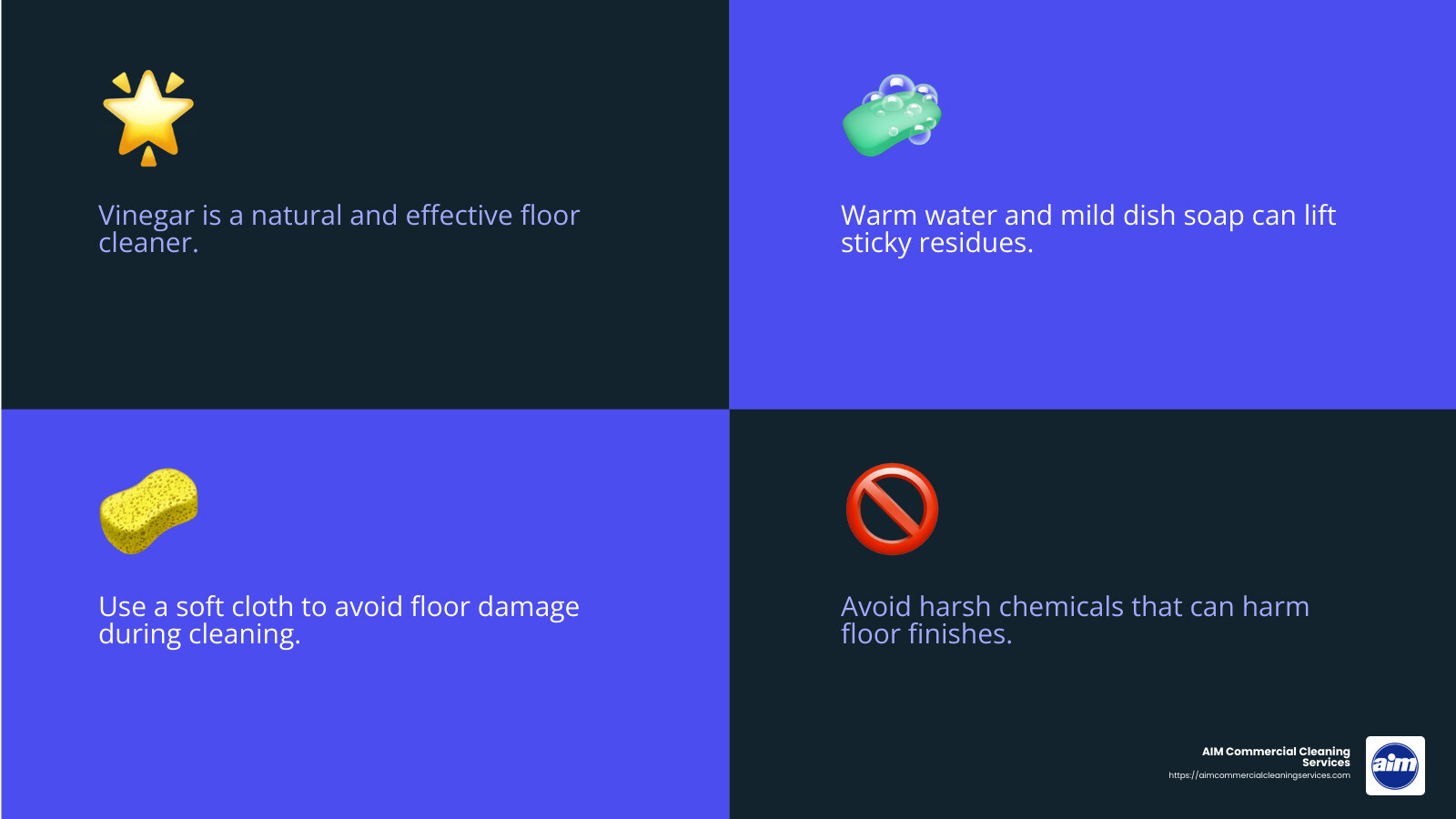 Using a vinegar solution can effectively clean sticky spots without damaging the floor. - party clean up infographic 4_facts_emoji_blue