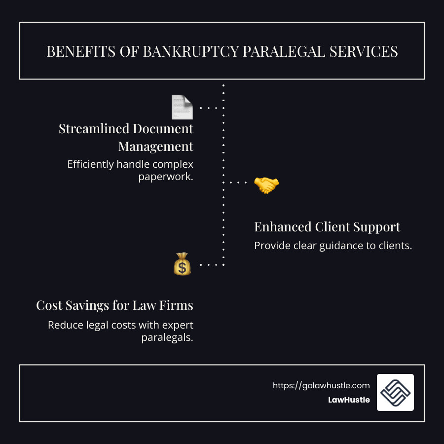 Benefits of Bankruptcy Paralegal Services: streamlined document management, improved client support, cost savings for law firms, and efficient process handling - Bankruptcy Paralegal Services infographic infographic-line-3-steps-dark