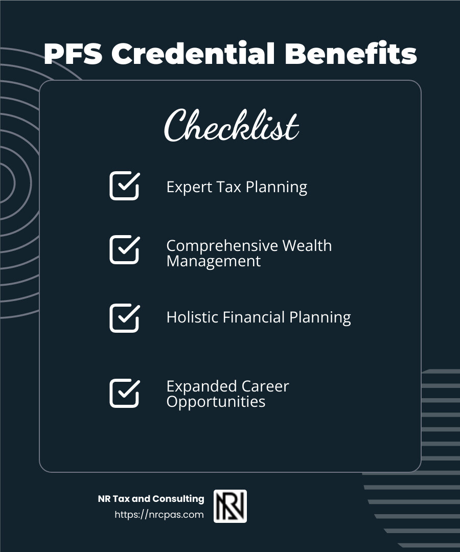 The Benefits of Holding a PFS Credential - personal financial specialist infographic checklist-dark-blue