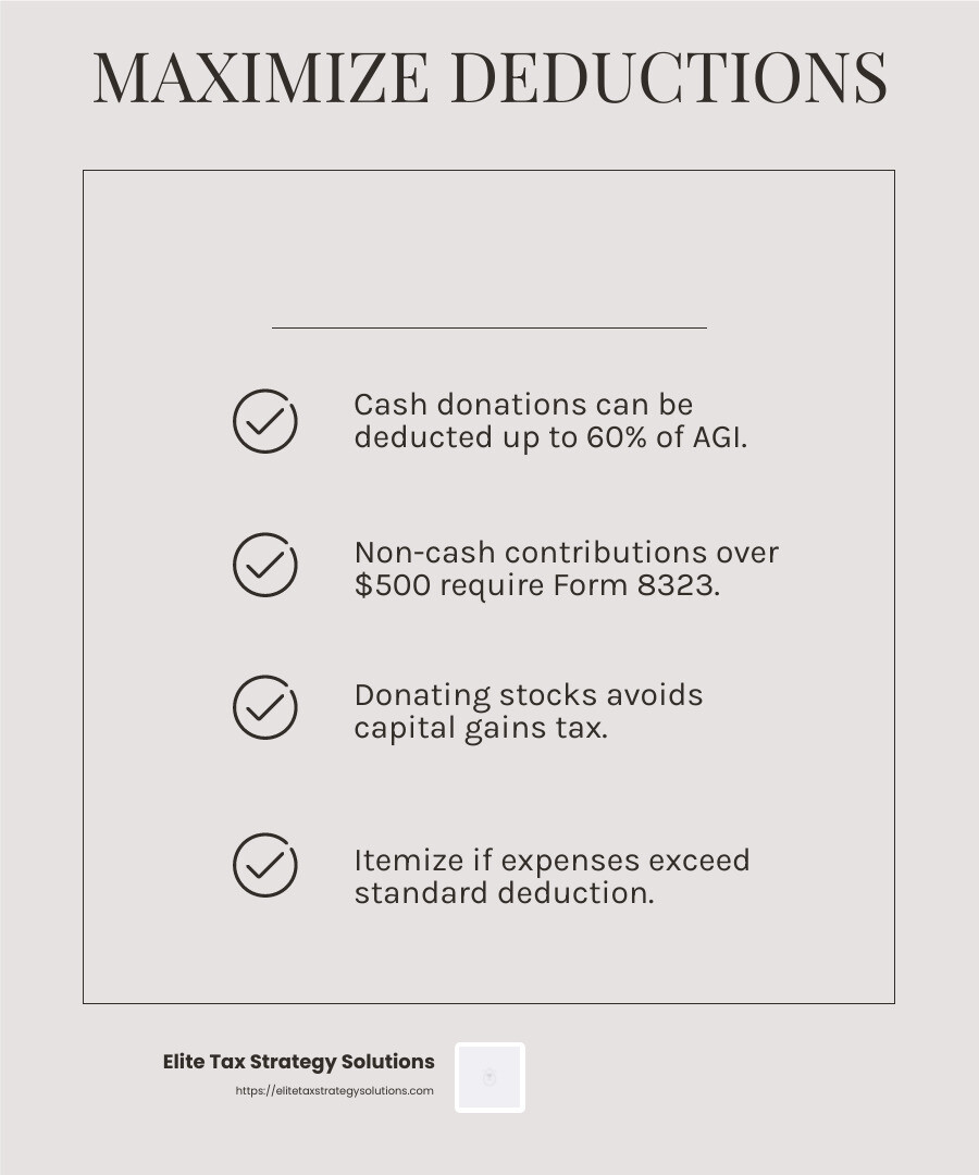 Charitable donations can impact your tax deductions significantly. - tax savings strategies infographic checklist-light-beige