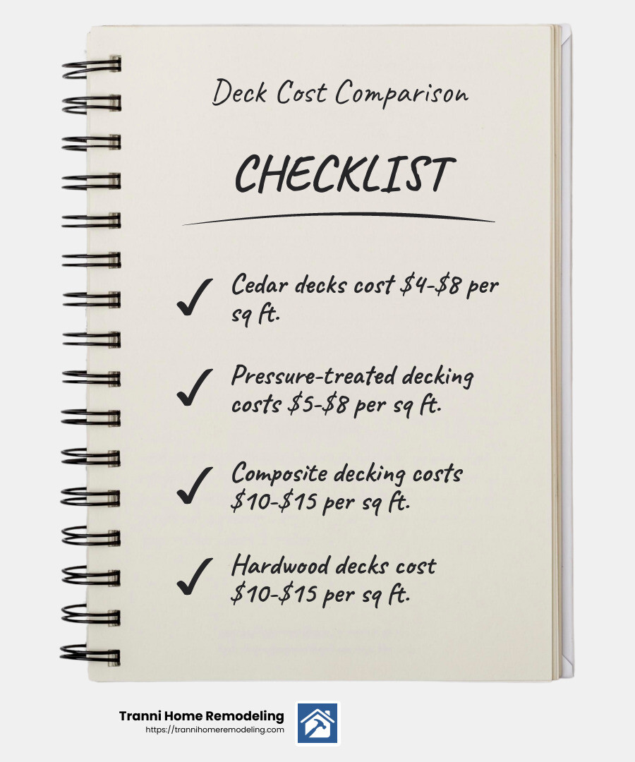 Deck Installers Near Me: Your Guide to Local Experts 2 Cost Comparison for Deck Materials - deck contractors in my area infographic checklist-notebook