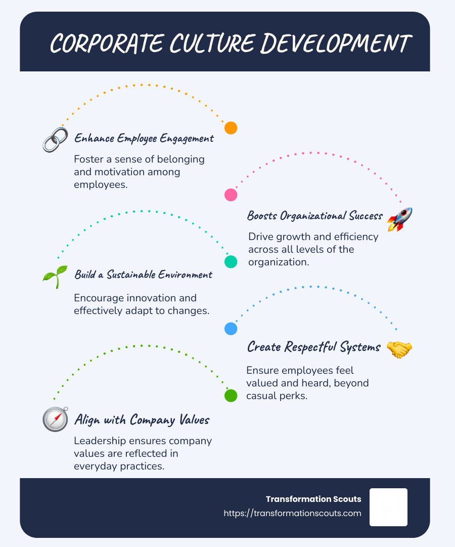 Process of corporate culture development from alignment to employee engagement and organizational success, showcasing interconnected elements and outcomes - corporate culture development infographic infographic-line-5-steps-blues-accent_colors