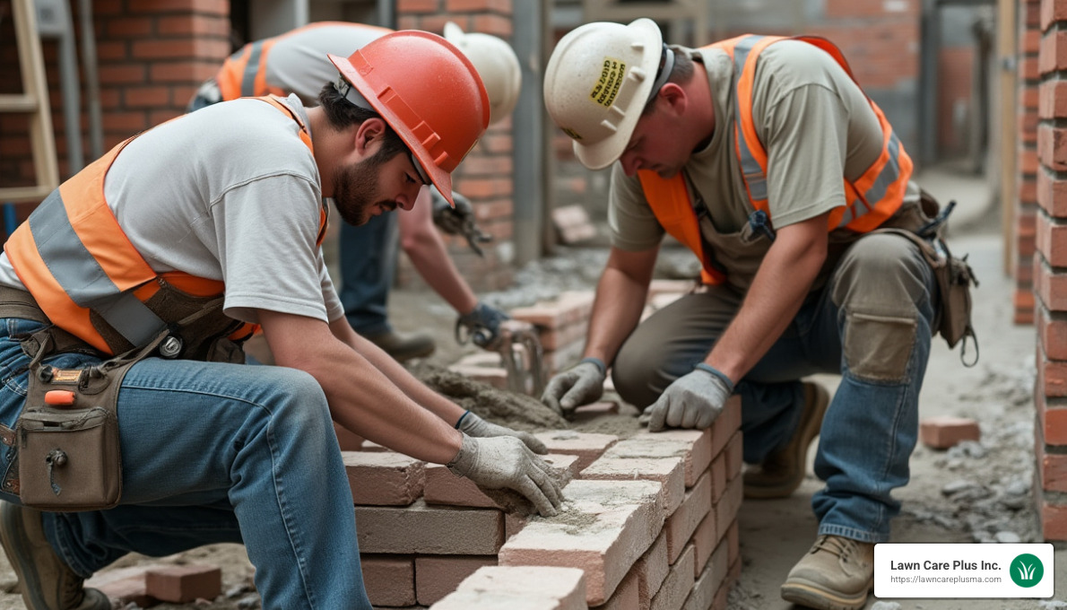 Masons working with trowels and levels - masonry work