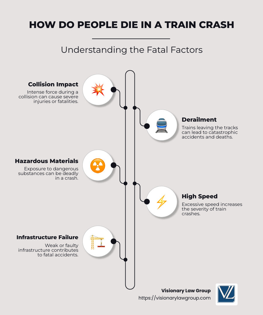 Detailed infographic depicting the primary ways people die in a train crash, including collision impact, derailment factors, and hazardous material exposure - how do people die in a train crash infographic infographic-line-5-steps-neat_beige