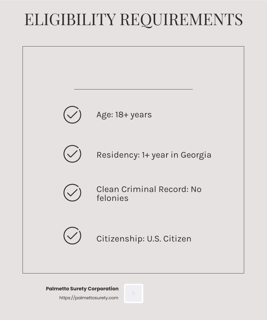Eligibility requirements for bail bondsmen in georgia - how to start a bail bonds business in georgia infographic checklist-light-beige