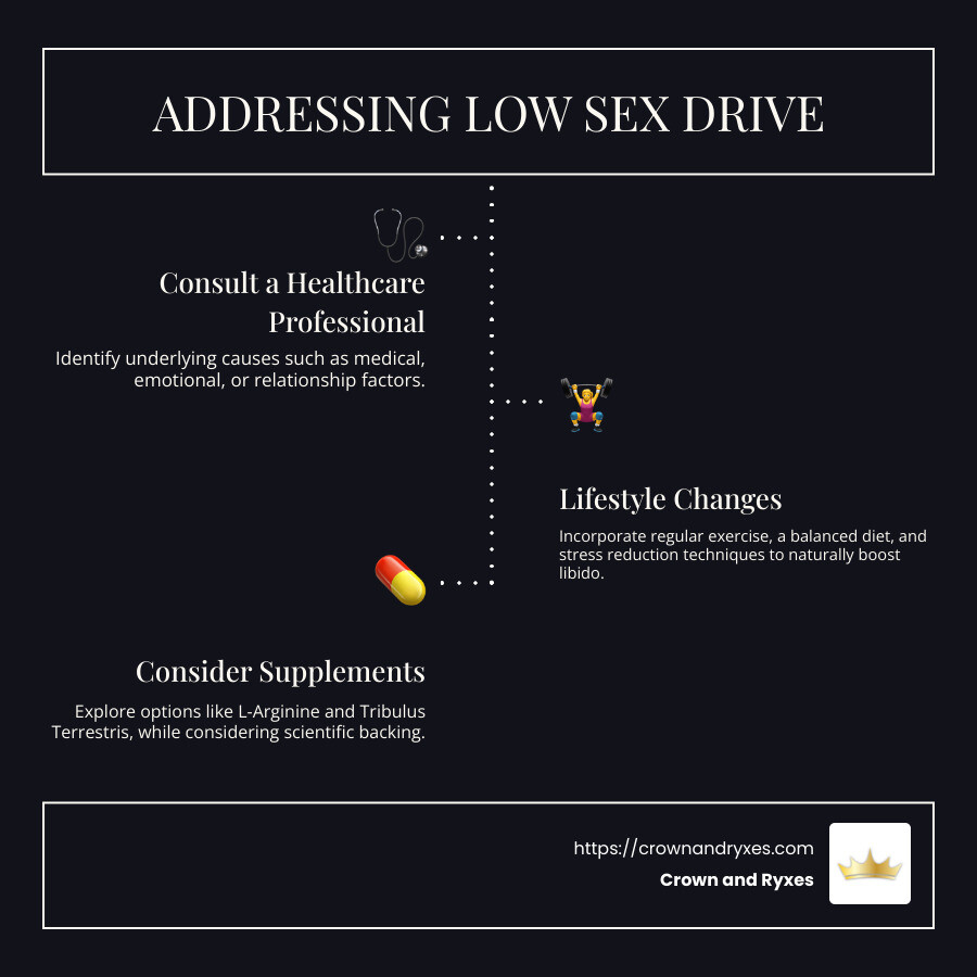 Infographic detailing the process of addressing low sex drive through consultation and lifestyle changes - female sexual health supplements infographic infographic-line-3-steps-dark