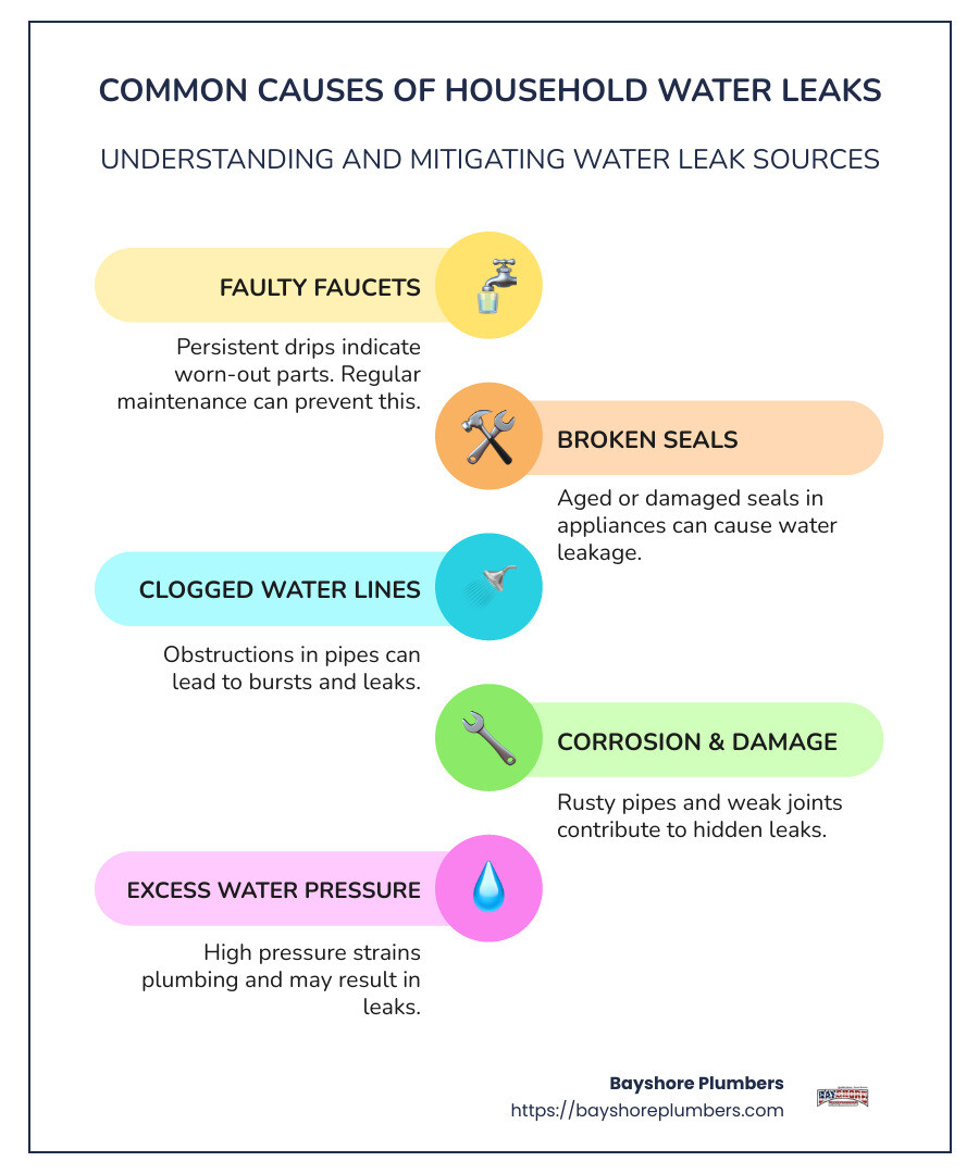 Detailed infographic of common household leak causes showing typical leakage points like faucets, toilets, water lines, and joints; includes statistics on water wastage and cost implications - causes of water leaks in a household infographic infographic-line-5-steps-colors