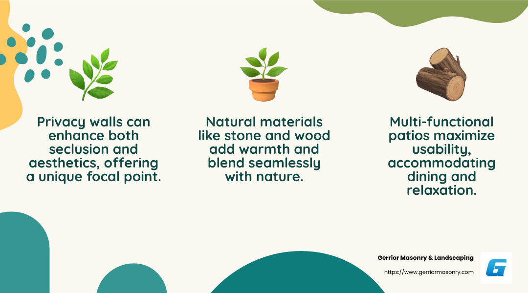 Natural materials like stone and wood in patio design - patio design companies infographic 3_facts_emoji_nature
