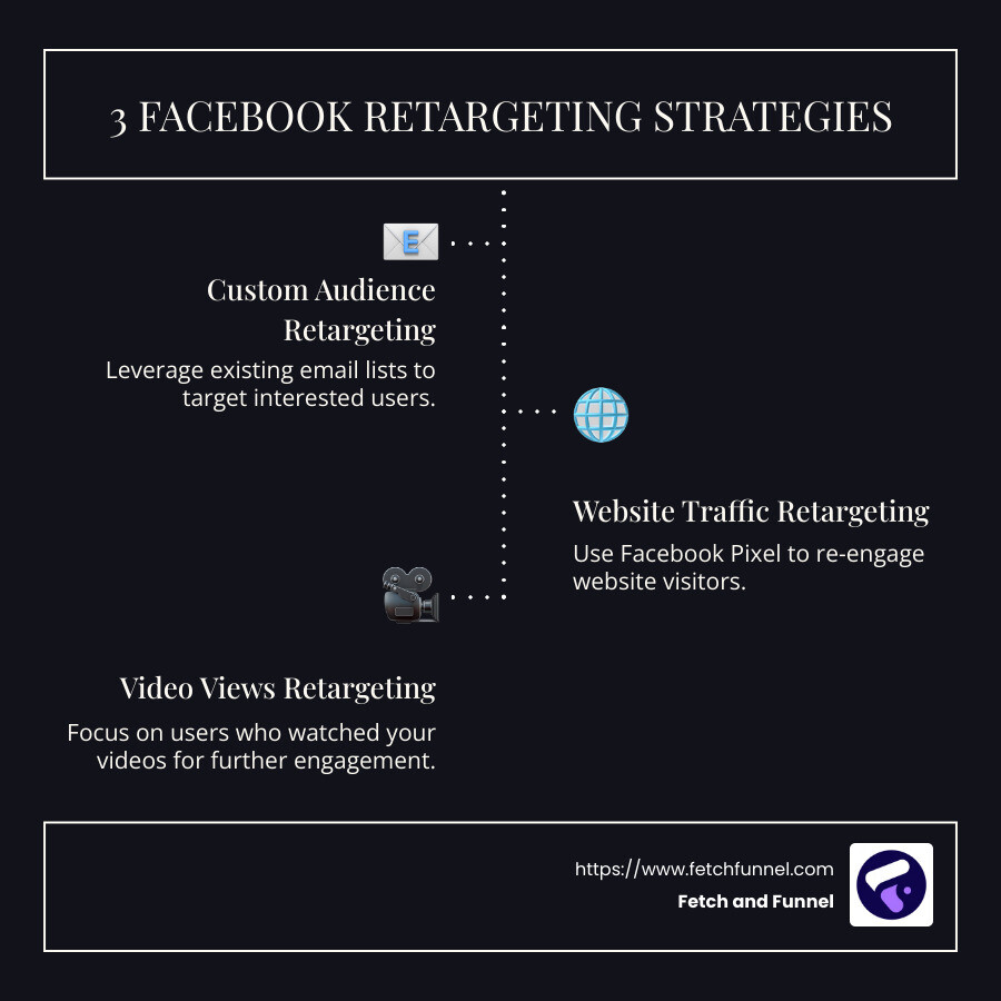 Infographic explaining 3 Facebook retargeting strategies with graphics depicting Custom Audiences via email lists, Website Traffic with Facebook Pixel, Video Views highlighting engagement tracking. - what are 3 facebook retargeting strategies infographic infographic-line-3-steps-dark