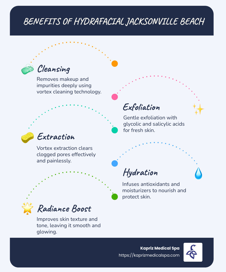 Benefits of Hydrafacial infographic: Includes a visual representation of clogged pores, fine lines, uneven skin tone being treated by Hydrafacial steps, such as cleansing, exfoliating, extracting, and hydrating, annotated with Vortex-Fusion® technology and list of skin benefits like radiance, smoothness, and even tone. - Hydrafacial Jacksonville Beach infographic infographic-line-5-steps-blues-accent_colors