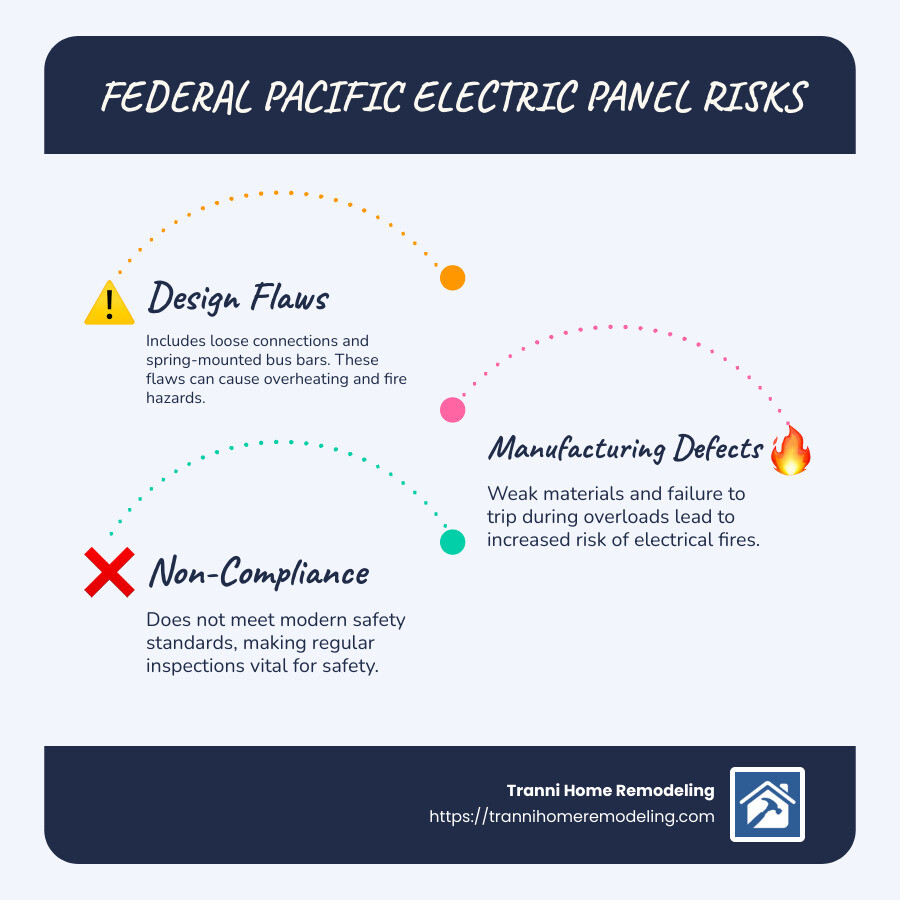 Infographic comparing modern safety standards with Federal Pacific Electric panel attributes, highlighting design flaws and risks like overheating, loose connections, and failure to trip. - federal pacific electric panel infographic infographic-line-3-steps-blues-accent_colors