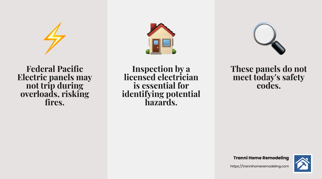 Inspection by a licensed electrician is crucial for safety and peace of mind. - federal pacific electric panel infographic 3_facts_emoji_grey