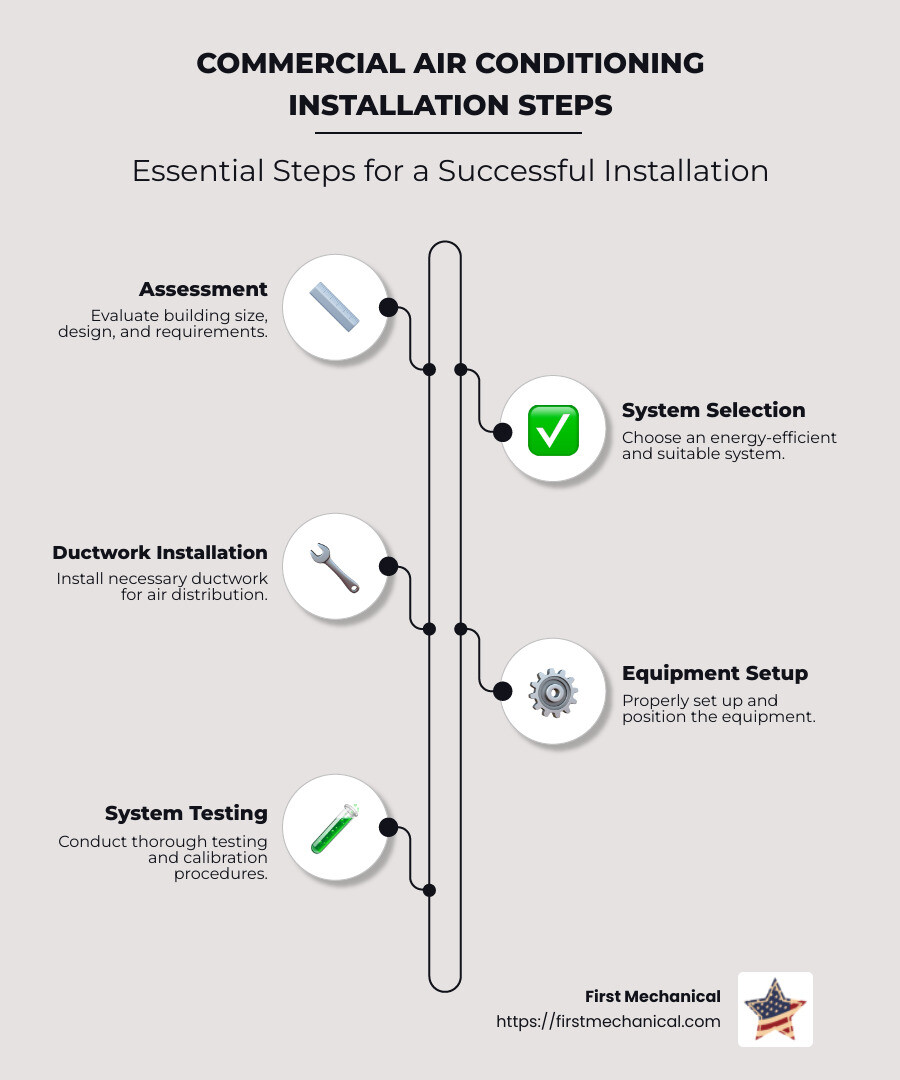 Infographic detailing the steps in commercial air conditioning installation, from initial assessment and system selection to ductwork installation and system testing, with icons representing each step. - commercial air conditioning installation infographic infographic-line-5-steps-neat_beige Infographic detailing the steps in commercial air conditioning installation, from initial assessment and system selection to ductwork installation and system testing, with icons representing each step. - commercial air conditioning installation infographic infographic-line-5-steps-neat_beige