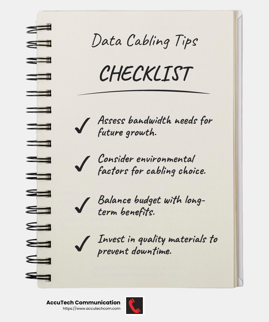 Investing in quality cabling can boost network efficiency significantly. - data cable installers infographic checklist-notebook