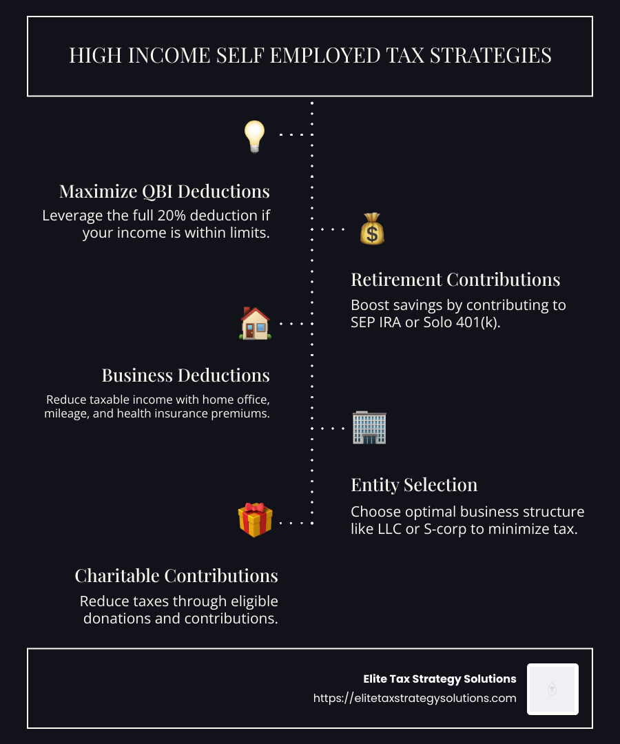 Infographic on High-Income Self-Employed Tax Strategies - high income self employed tax strategies infographic infographic-line-5-steps-dark