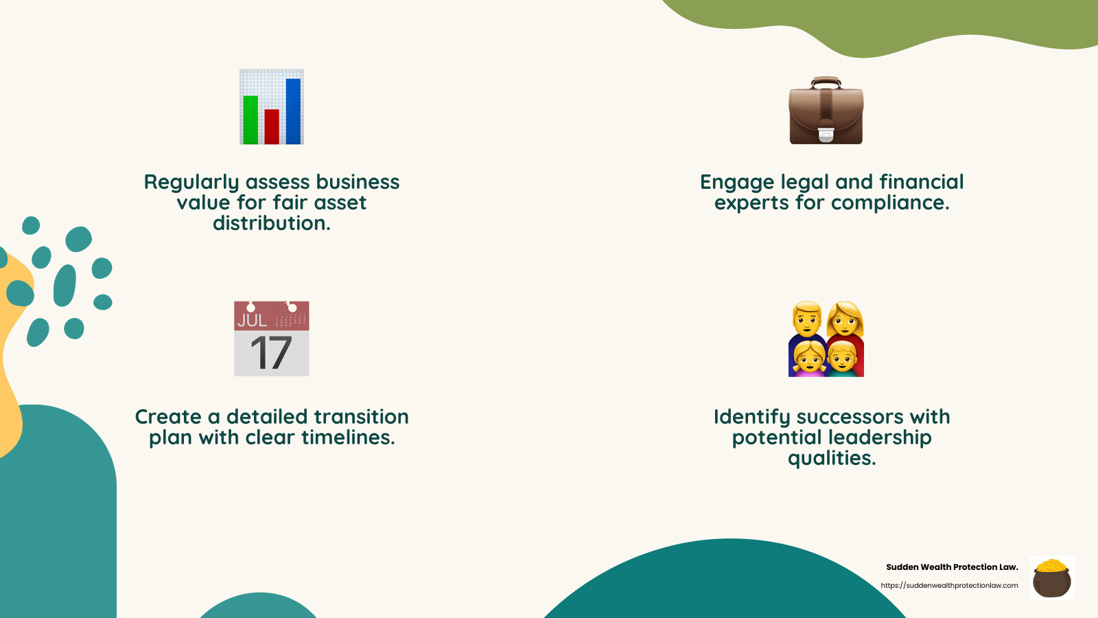 Legal and Financial Considerations - Family business succession planning infographic 4_facts_emoji_nature