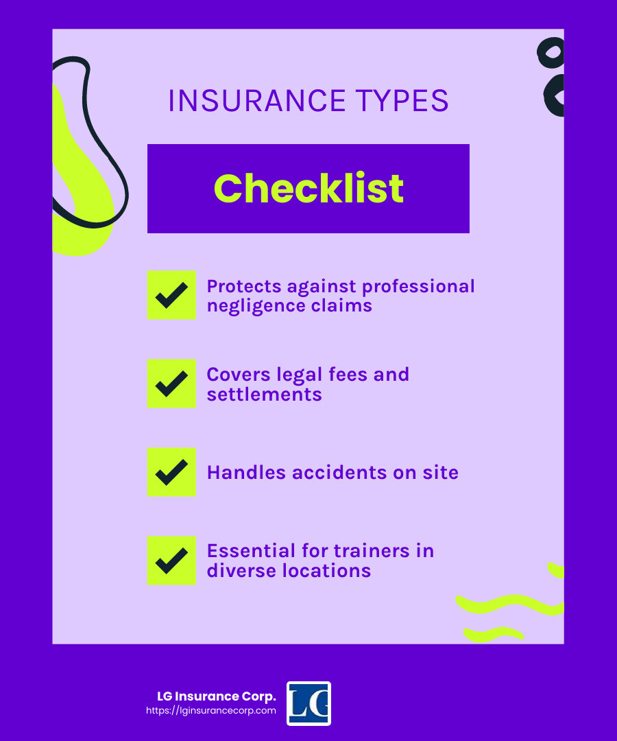 Liability Insurance Coverage - personal trainer liability insurance for one day infographic checklist-fun-neon