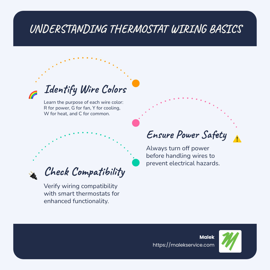 An infographic detailing basic thermostat wiring components and their functions - thermostat wiring infographic infographic-line-3-steps-blues-accent_colors