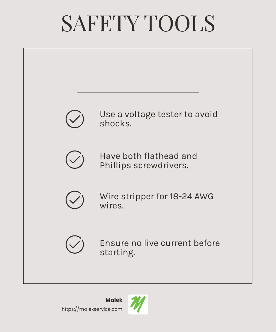 Safety first: always use a voltage tester to avoid shocks - thermostat wiring infographic checklist-light-beige