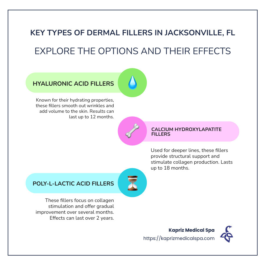 Detailed infographic showing different types of dermal fillers available in Jacksonville, treatment purposes, and estimated duration of effects - dermal fillers Jacksonville FL infographic infographic-line-3-steps-colors