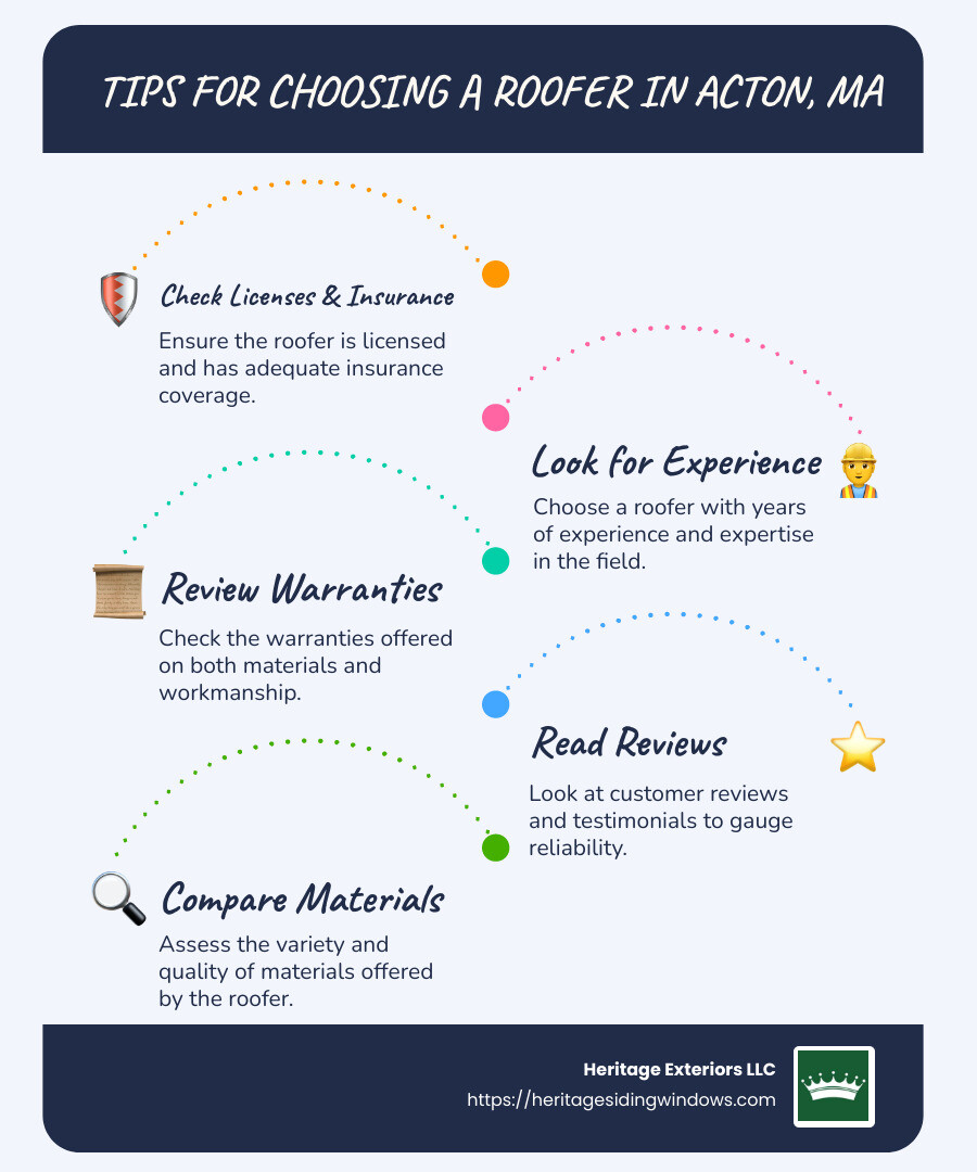 Local Roofers in Acton, MA: A Comprehensive List 1 Tips for Choosing a Roofer in Acton, MA: Licenses, warranties, and reviews are keys in choosing a reliable roofer. Homeowners should ensure their contractor offers comprehensive materials and is committed to quality and service. - roofer near me acton ma infographic infographic-line-5-steps-blues-accent_colors