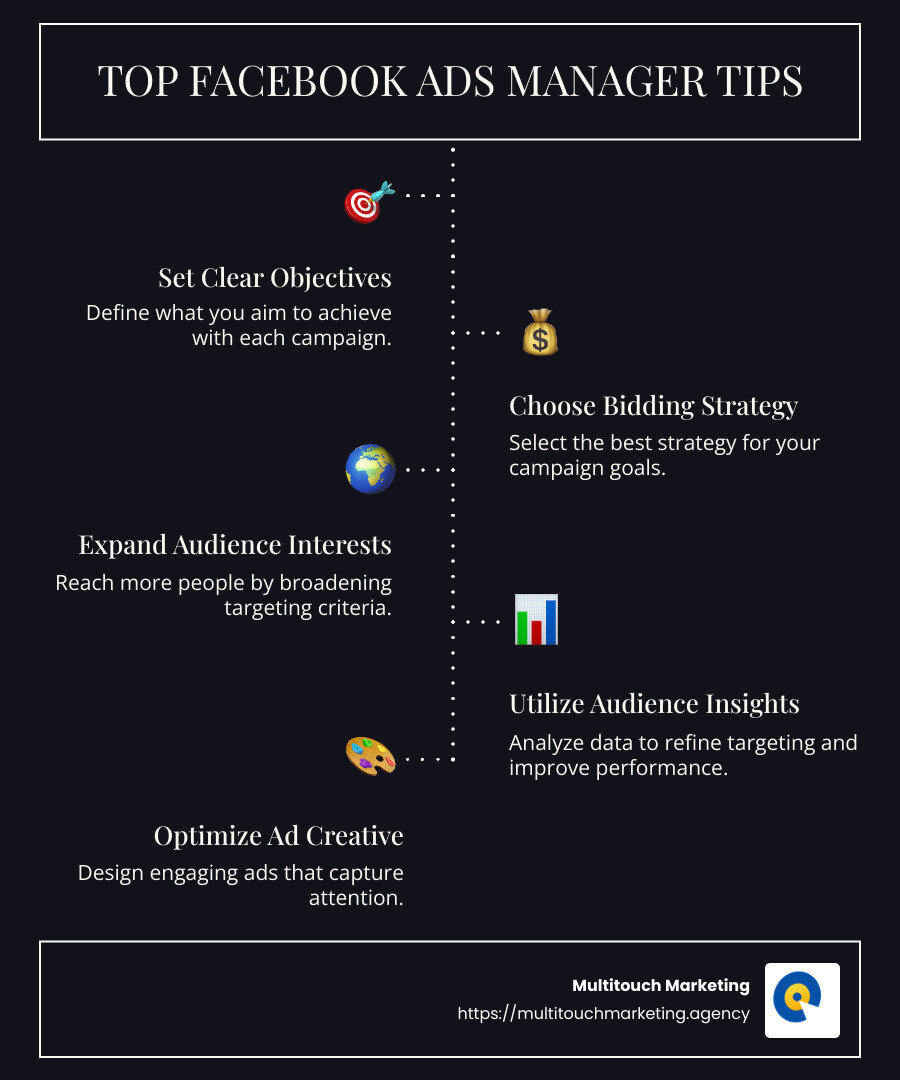 Infographic detailing tips in list format, with visuals representing each tip like lightbulb icons for ideas and graphics of hands-on laptops for strategy implementation - facebook ads manager tips infographic infographic-line-5-steps-dark