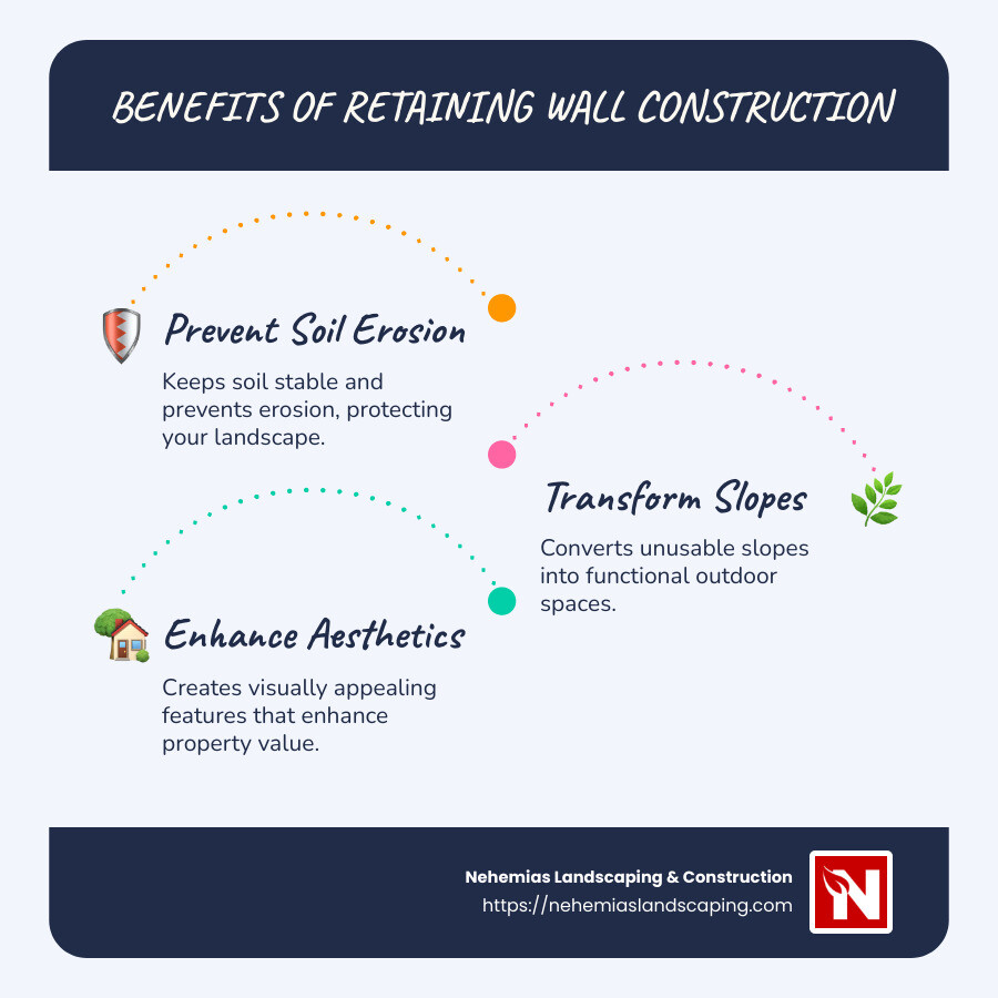 Styles and benefits of retaining walls infographic showing types of retaining walls, benefits like soil erosion prevention, added backyard space, and aesthetic improvement through step-by-step construction - Retaining wall construction infographic infographic-line-3-steps-blues-accent_colors