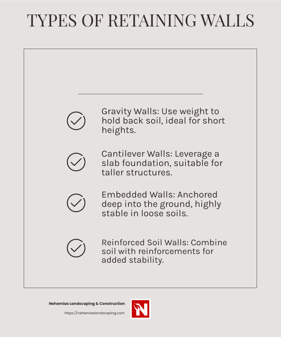 Retaining wall types infographic - Retaining wall construction infographic checklist-light-beige