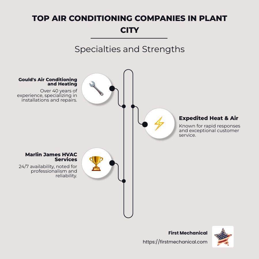 Infographic showing top HVAC companies in Plant City and their specialties - air conditioning companies plant city infographic infographic-line-3-steps-neat_beige