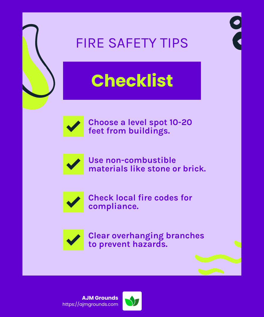 Check local fire codes for compliance to avoid fines or removal. - Backyard fire features infographic checklist-fun-neon