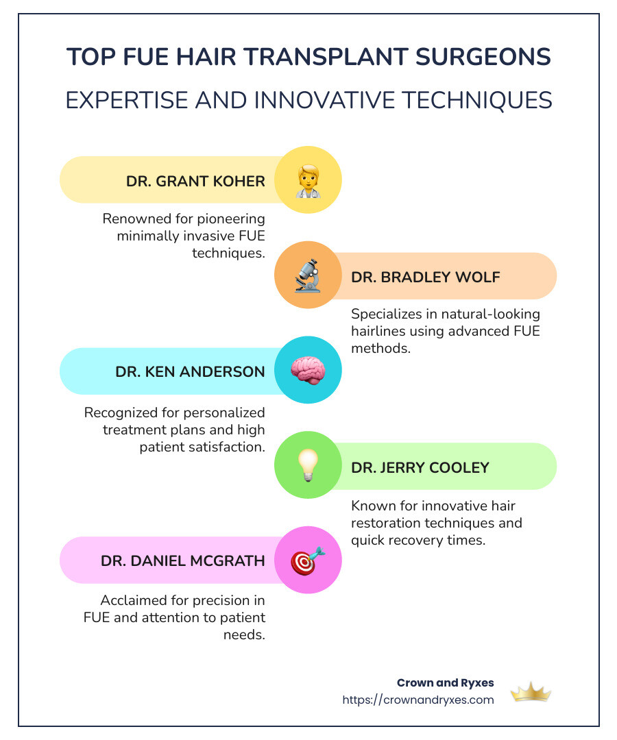 Infographic detailing the top fue hair transplant surgeons, including names, locations, and methodologies used by each, in a clear and organized layout - top fue hair transplant surgeons infographic infographic-line-5-steps-colors