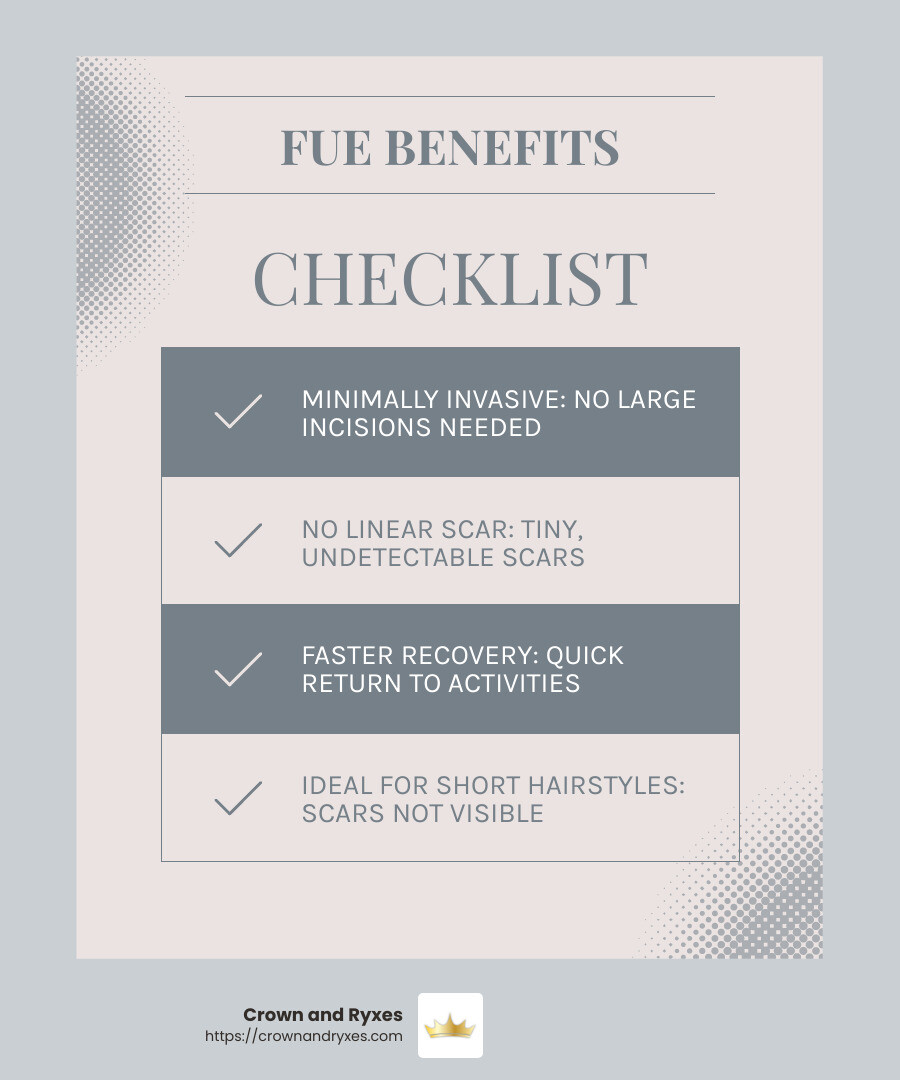 Minimally invasive, no linear scar, faster recovery - top fue hair transplant surgeons infographic checklist-light-blue-grey