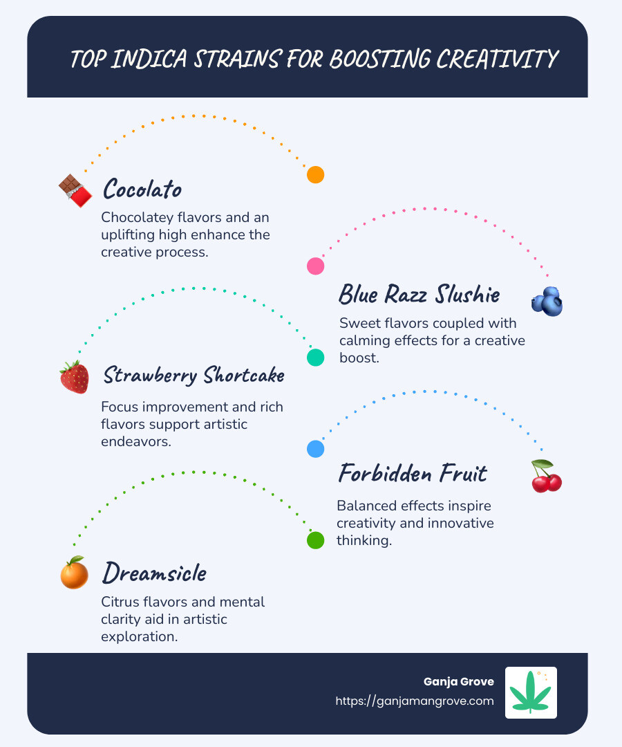 Top Indica strains and their creative benefits infographic - Indica strains for creativity infographic infographic-line-5-steps-blues-accent_colors Top Indica strains and their creative benefits infographic - Indica strains for creativity infographic infographic-line-5-steps-blues-accent_colors