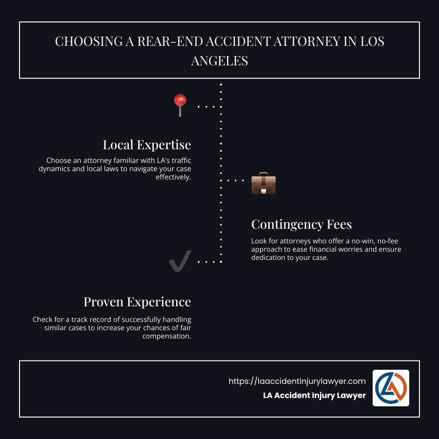 Infographic explaining key points on choosing a rear-end accident attorney in Los Angeles, highlighting local expertise, contingency fees, and experience - rear end accident attorney los angeles infographic infographic-line-3-steps-dark