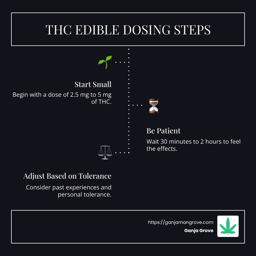 Step-by-step guide for thc edible dosing including: start with a low dose of 2.5 mg, wait 30 minutes to 2 hours, and gradually increase dosage based on tolerance and effect. - thc edible dosing infographic infographic-line-3-steps-dark