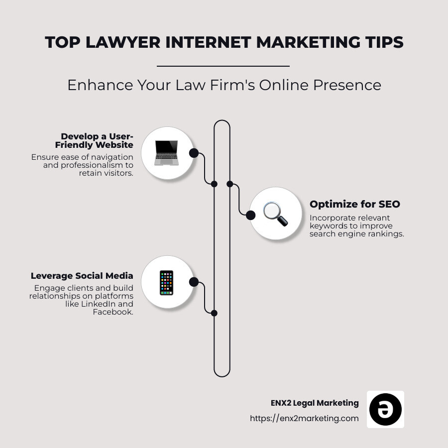 Infographic detailing the top lawyer internet marketing tips, including website optimization, SEO, and social media strategies - lawyer internet marketing tips infographic infographic-line-3-steps-neat_beige