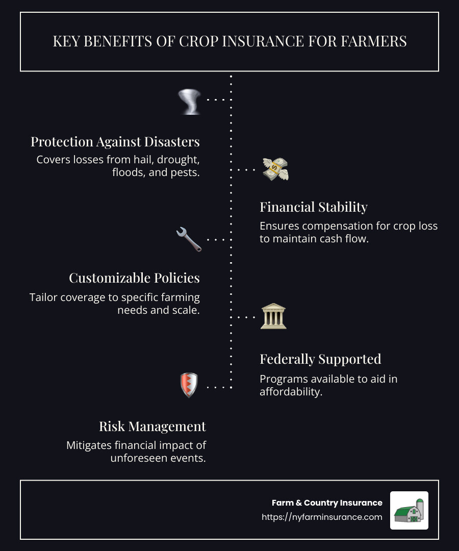 Infographic describing types of crop insurance, benefits, and protection offered - crop insurance for farmers infographic infographic-line-5-steps-dark